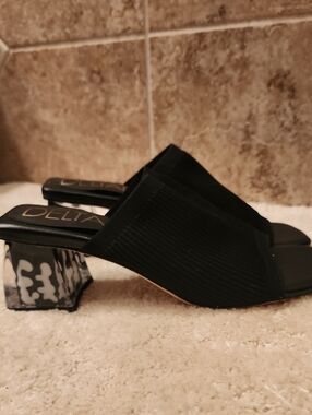 Deltan Black Slide Mules with Patterned Block Heel